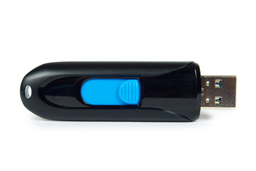 USB memory stick in hand. Isolated on white background. Data transfer, digital drive, backup and secure