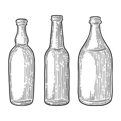 Set of beer bottles, engraving image, ink hand drawn style, isolated on white background. Sketch and doodle vector. Craft beverage design