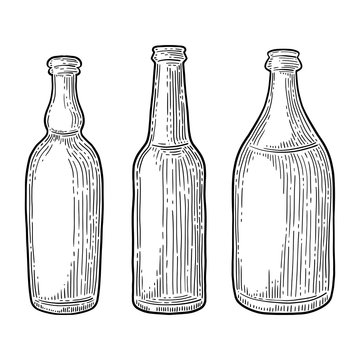 Set of beer bottles, engraving image, ink hand drawn style, isolated on white background. Sketch and doodle vector. Craft beverage design