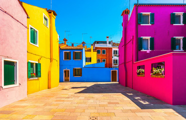 Venice landmark, Burano island square and colorful houses, Italy