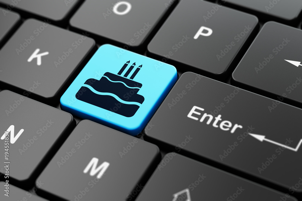 Aufkleber entertainment, concept: computer keyboard with cake icon on enter button background, 3d rendering