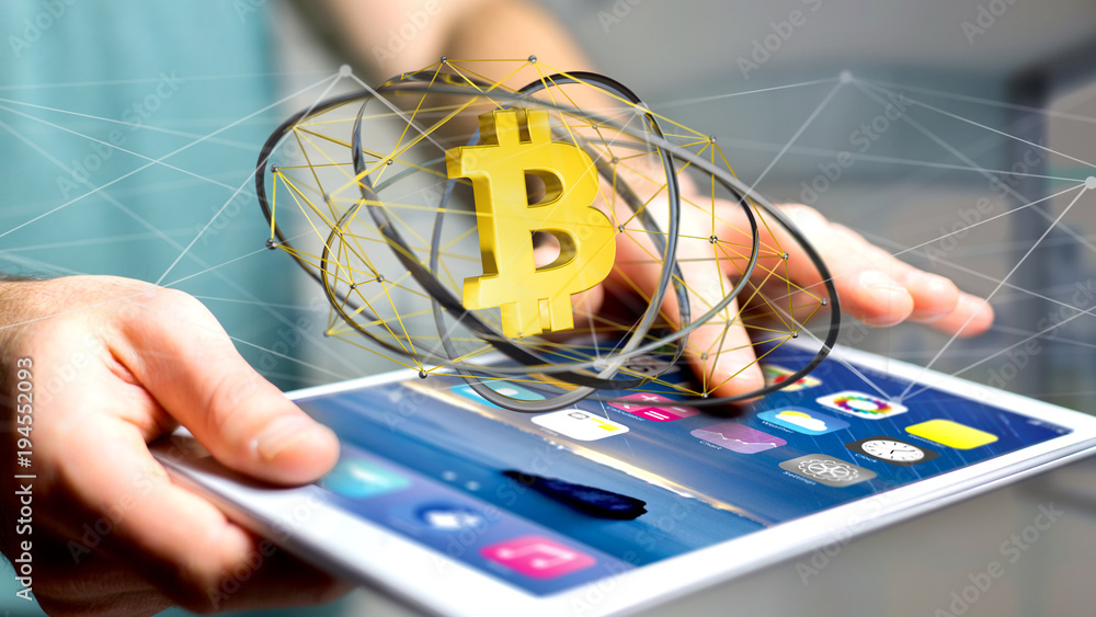 Poster businessman using a smartphone with a bitcoin crypto currency sign flying around a network connectio