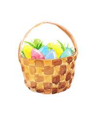 Fototapeta na wymiar Watercolor hand drawn sketch illustration of Wicker basket with colorful Easter eggs isolated on white