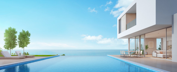 Luxury beach house with sea view swimming pool and terrace in modern design, Lounge chairs on wooden floor deck at vacation home or hotel - 3d illustration of contemporary holiday villa exterior - obrazy, fototapety, plakaty