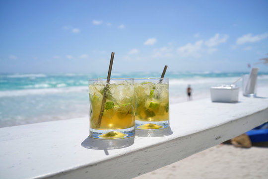 Mojito Drinks Set By A Beach Bar In Mexico