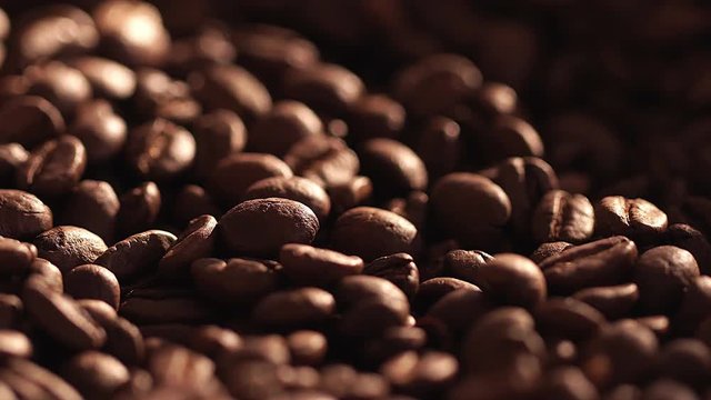 Coffee close up. Coffee beans. The ready fried coffee beans. Sunshine on coffee seeds. Dark Coffee Grains.
