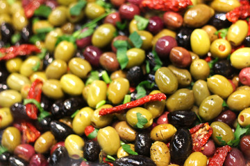multi colored pickled olives