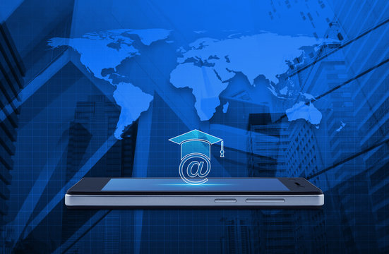 e-learning icon on modern smart phone screen on wooden table over world map and office city tower, Study online concept, Elements of this image furnished by NASA