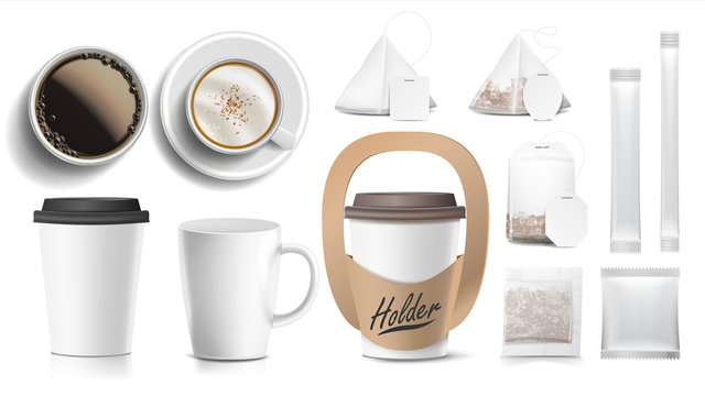 Coffee Packaging Design Vector. Cups Mock Up. White Coffee Mug. Ceramic And Paper, Plastic Cup. Top, Side View. Holder For Carrying One Cup. Blank Foil Packaging Sugar. Realistic Isolated Illustration