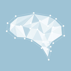 Abstract polygonal brain with glowing dots and lines, network connections. Vector illustration