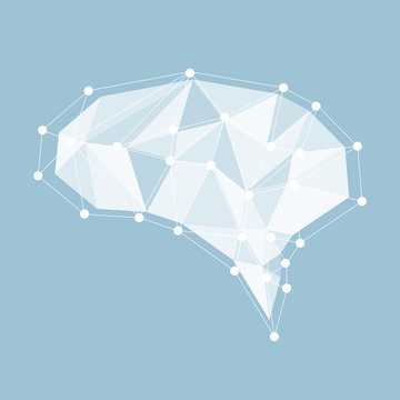 Abstract polygonal brain with glowing dots and lines, network connections. Vector illustration