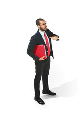 Portrait of businessman pointing at himself isolated on white background studio with copy space