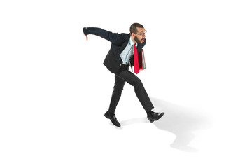 Businessman running with a folder on white background