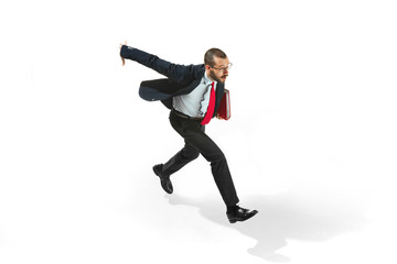 Businessman running with a folder on white background