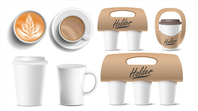 Coffee Packaging Vector. Cups Mock Up. Ceramic And Paper, Plastic Cup. Top, Side View. Cups Holder For Carrying, One, Two, Three Cups. Hot Drink. Take Away Cafe Coffee Cups Holder Mockup. Isolated