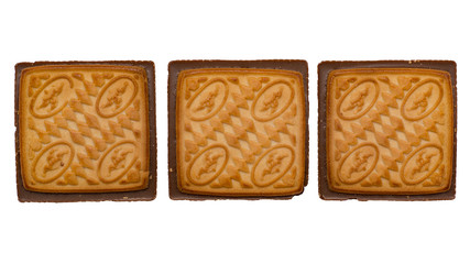 Shortbread cookie square shape in chocolate isolated on white background.