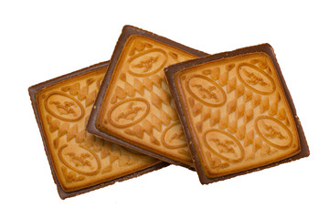 Shortbread cookie square shape in chocolate isolated on white background.