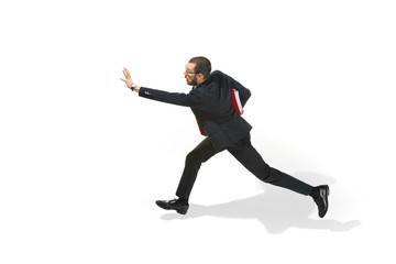 Fototapeta na wymiar Businessman running with a folder on white background