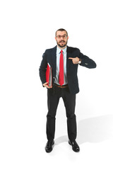 Portrait of businessman pointing at himself isolated on white background studio with copy space