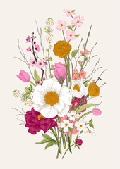 Naklejka premium Bouquet. Spring Flowers and twig. Peonies, Spirea, Cherry Blossom, Dogwood. Vintage botanical illustration. Colorful