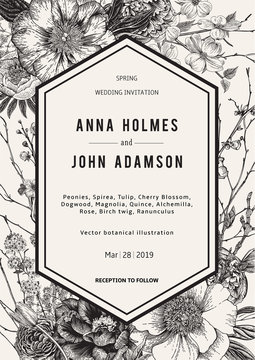 Wedding invitation. Spring Flowers and twig. Peonies, Spirea, Cherry Blossom, Dogwood. Vintage botanical illustration. Black and White