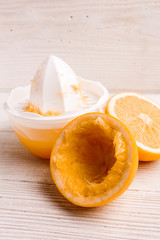 oranges and juice on a white background