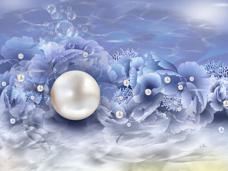 Seaweed and pearl abstract background with motion blur in blue ocean - One big pearl and many small pearls