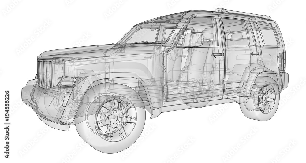 Poster transparent suv with simple straight lines of the body. 3d rendering.