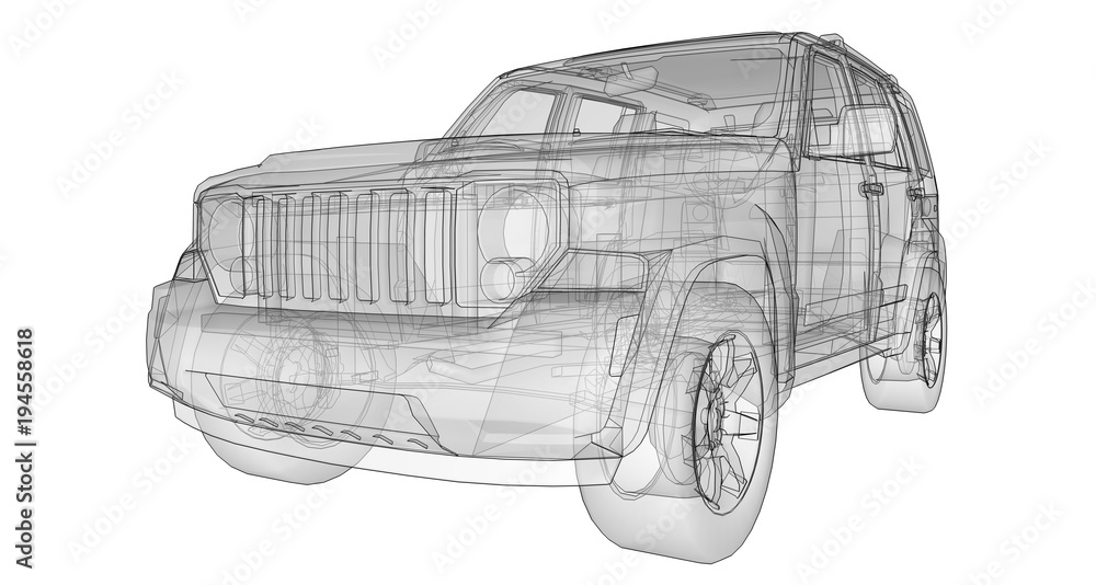 Poster transparent suv with simple straight lines of the body. 3d rendering.