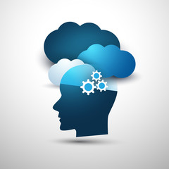 Machine Learning, Artificial Intelligence, Cloud Computing, Digital Support Assistance and Networks Design Concept with Clouds and Human Head