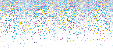 Rain from squared random placed pixels. Neural training conception. Falling information parts. Digital gradient from pixels mosaic. Abstract technologycal colorful background. Vector illustration