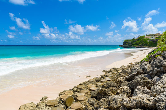 Crane Beach - tropical beach on the Caribbean island of Barbados. It is a paradise destination with a white sand beach and turquoiuse sea.