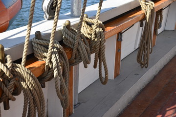 Ship ropes rigging of an old sailing ship