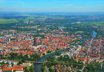 Aerial view of Ulm Minster (Ulmer Münster), Danube river and Ulm, south germany