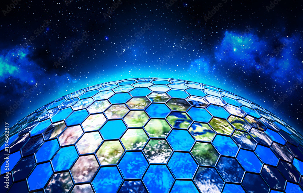 Poster global network security and data protection concept, grid around the earth globe on deep blue space 