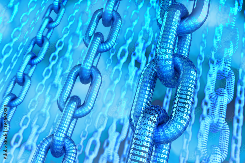 Poster blockchain technology concept, chains of digital data blocks on blue background