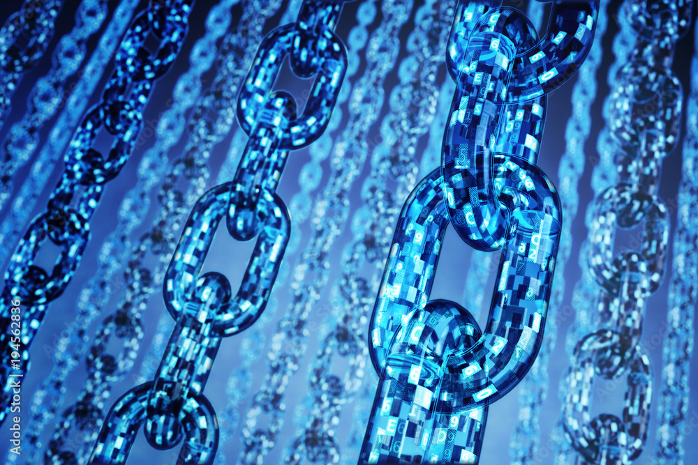 Poster blockchain technology concept, chains of digital data blocks on blue background
