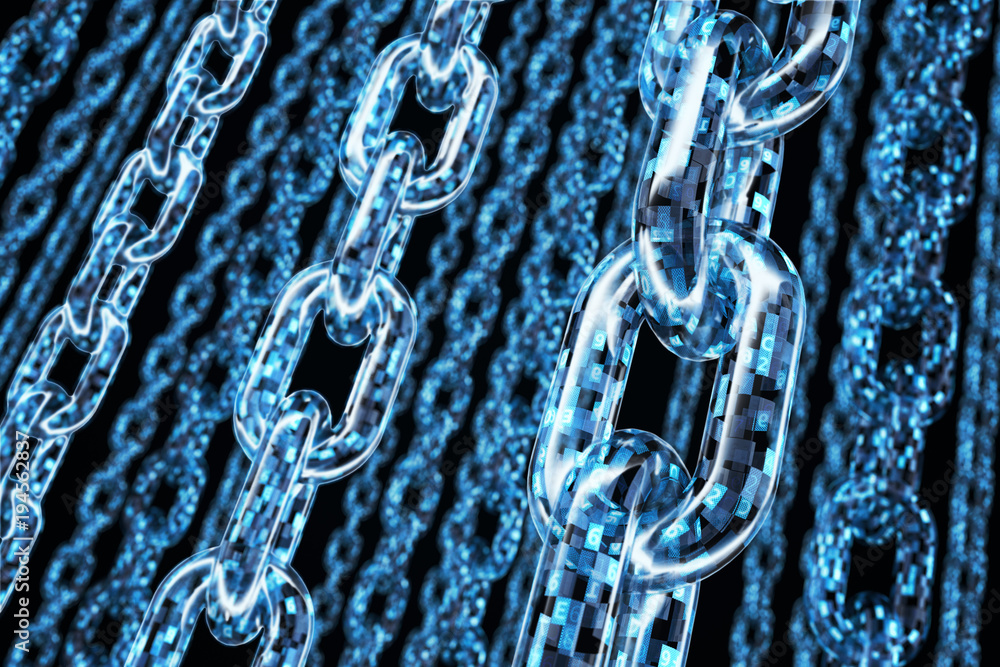Poster blockchain technology concept, chains of digital data blocks on black background