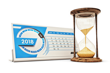 Time management, schedule and deadline concept, hourglass near the desk calendar for 2018 year with page for July month isolated on white background