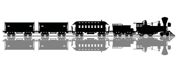 Fototapeta na wymiar The black silhouette of a vintage american steam train