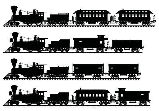 Black silhouettes of vintage american steam trains