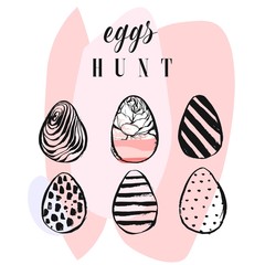 Hand drawn vector abstract collage funny poster with realistic Easter eggs and Eggs hunt quote in pastel colors isolated on white.Easter bunny background.Cute trendy Easter eggs illustration