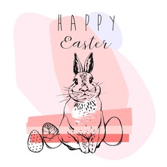 Hand drawn vector abstract collage funny poster with realistic rabbit,Easter eggs and Happy Easter quote in pastel colors isolated on white.Easter bunny background.Cute trendy rabbit illustration