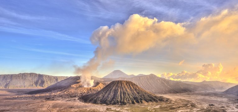 Smoking volcano Gunung Bromo, Mount Batok in front, Mount Kursi at back, Mount Gunung Semeru, Bromo Tengger Semeru National Park, Java, Indonesia, Asia
