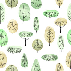 Watercolor trees seamless pattern on white background