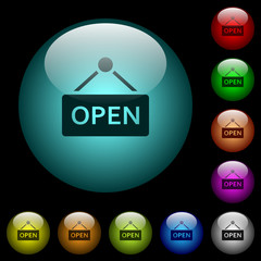 Open sign icons in color illuminated glass buttons