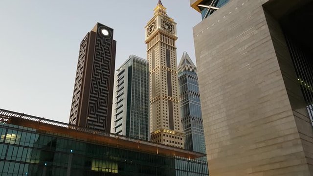 UAE Dubai Financial center famous skyscrapers close-up view