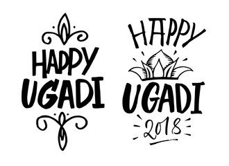 Happy Ugadi handwritten lettering set. New Year's Day of Hindu calendar. Vector hand drawn calligraphy.Brush pen modern collection