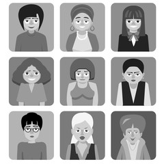 women's cartoon avatars, black and white vector