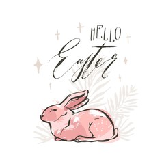 Hand drawn vector abstract ink sketch graphic collage drawing Happy Easter cute simple bunny illustrations greeting card poster and handwritten calligraphy Hello Easter isolated on white background